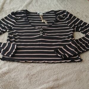Moral Fiber Black and Browns Striped Ribbed Long‑Sleeve Top Sz MED